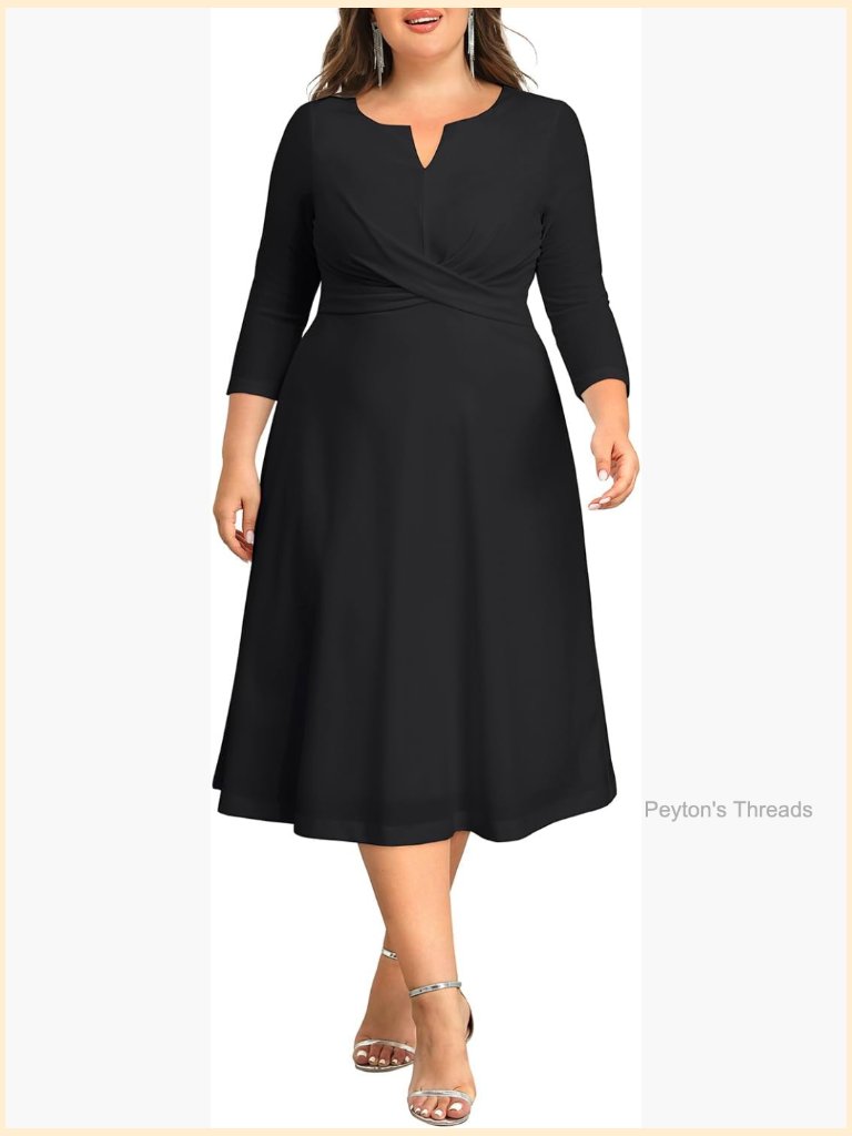 Plus Size Midi Wedding Guest Dress 3/4 Sleeve V-Neck A-Line Church Semi Formal